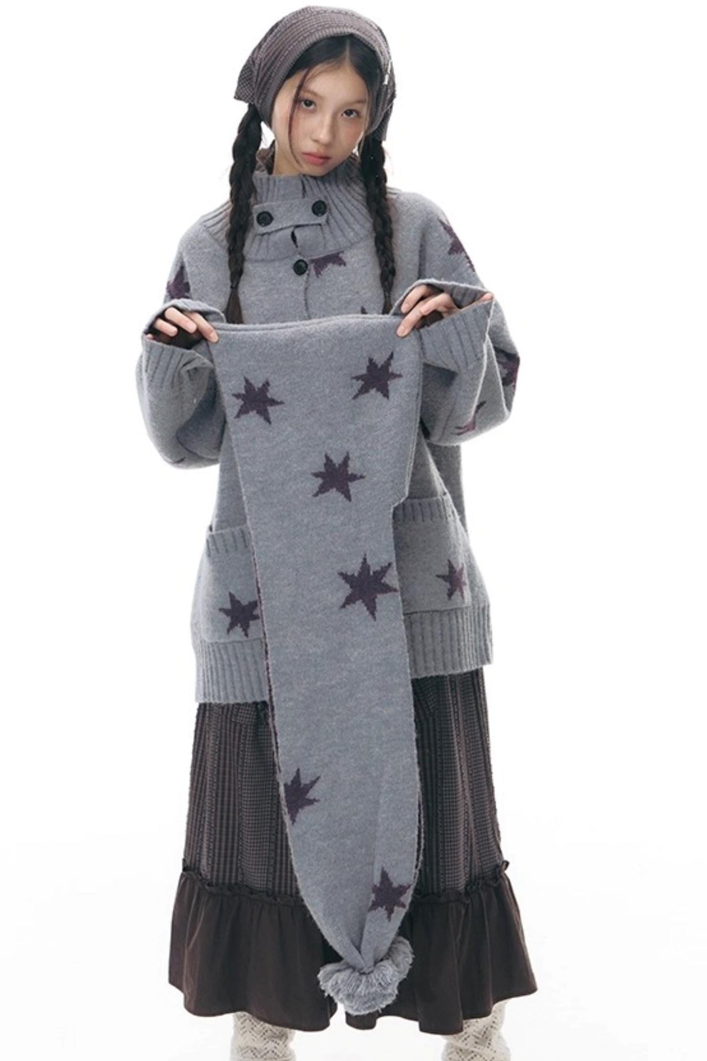 Reversible Star Cardigan + Fur Ball Hooded Scarf