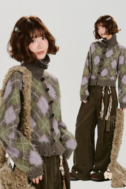 レトロチェックベルベットカーディガン