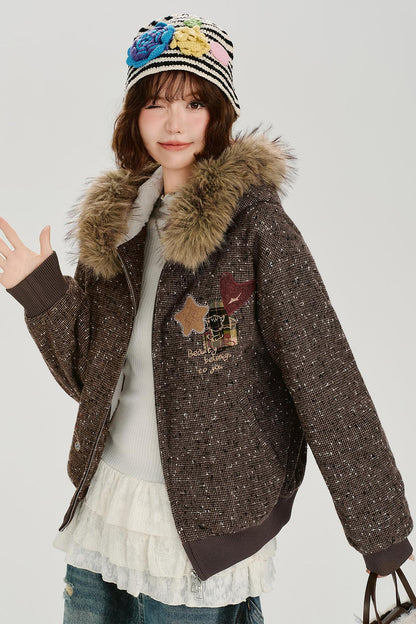 レトロファーカラーフーデッドジャケット