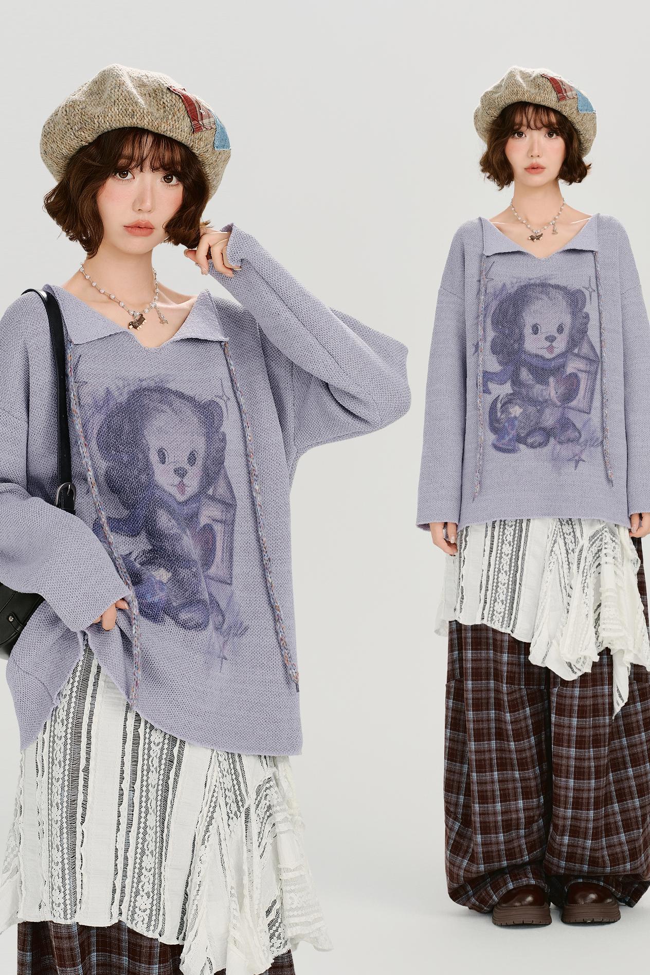 ベアプリンテッドレースアップトップス