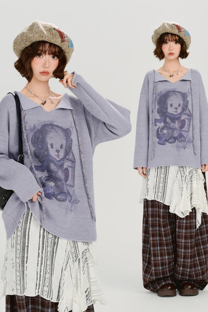 ベアプリンテッドレースアップトップス