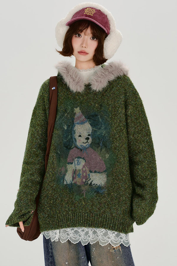 Retro Fur Collar Hoodie Sweater