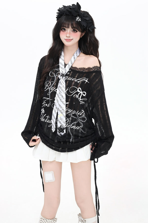 Chic ribbon sleeve T-shirt