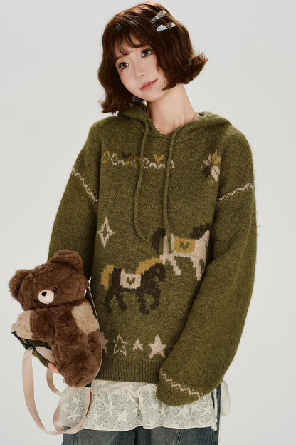 Retro Jacquard Hoodie Top