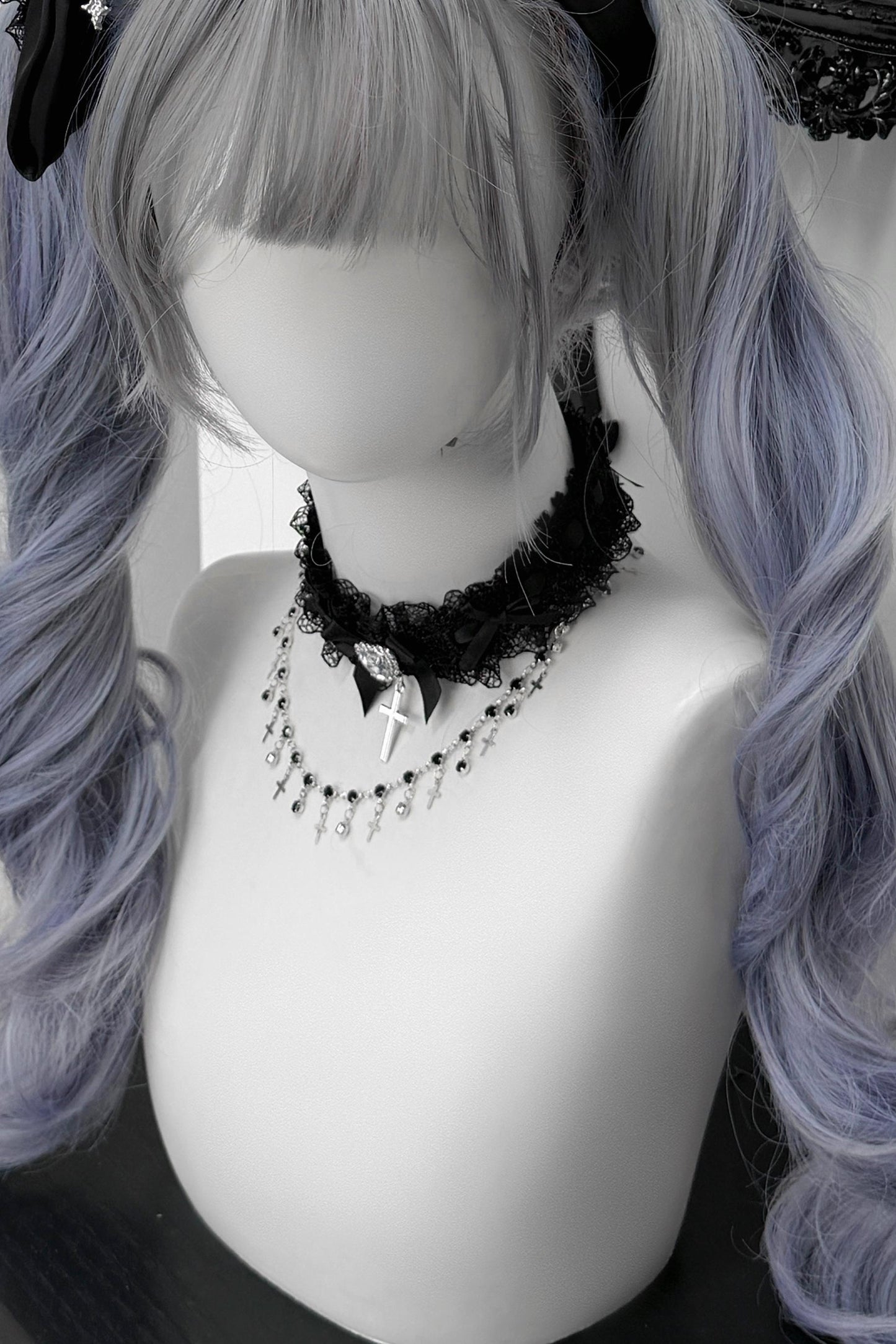 Lace Rhinestone Cross Heart Choker