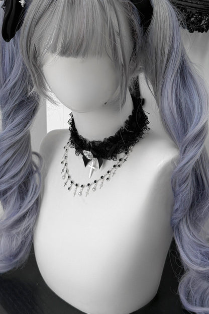 Lace Rhinestone Cross Heart Choker