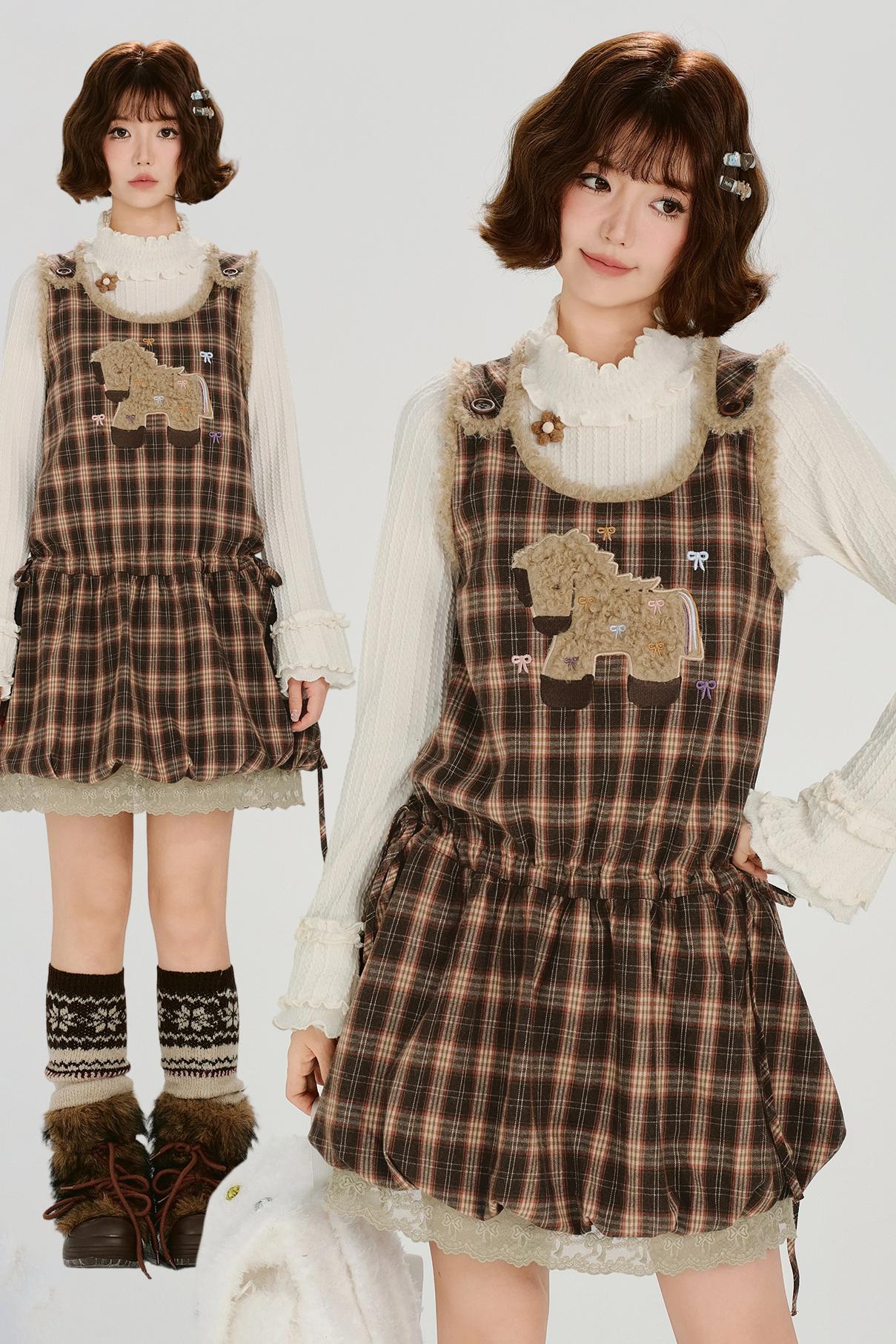 チェックプラッドエンブロイダードレス