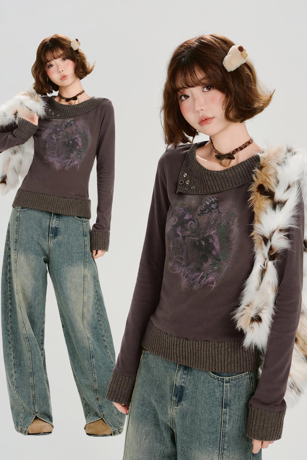 ブラウンレッドニットパッチワークトップ