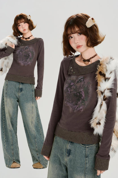 ブラウンレッドニットパッチワークトップ