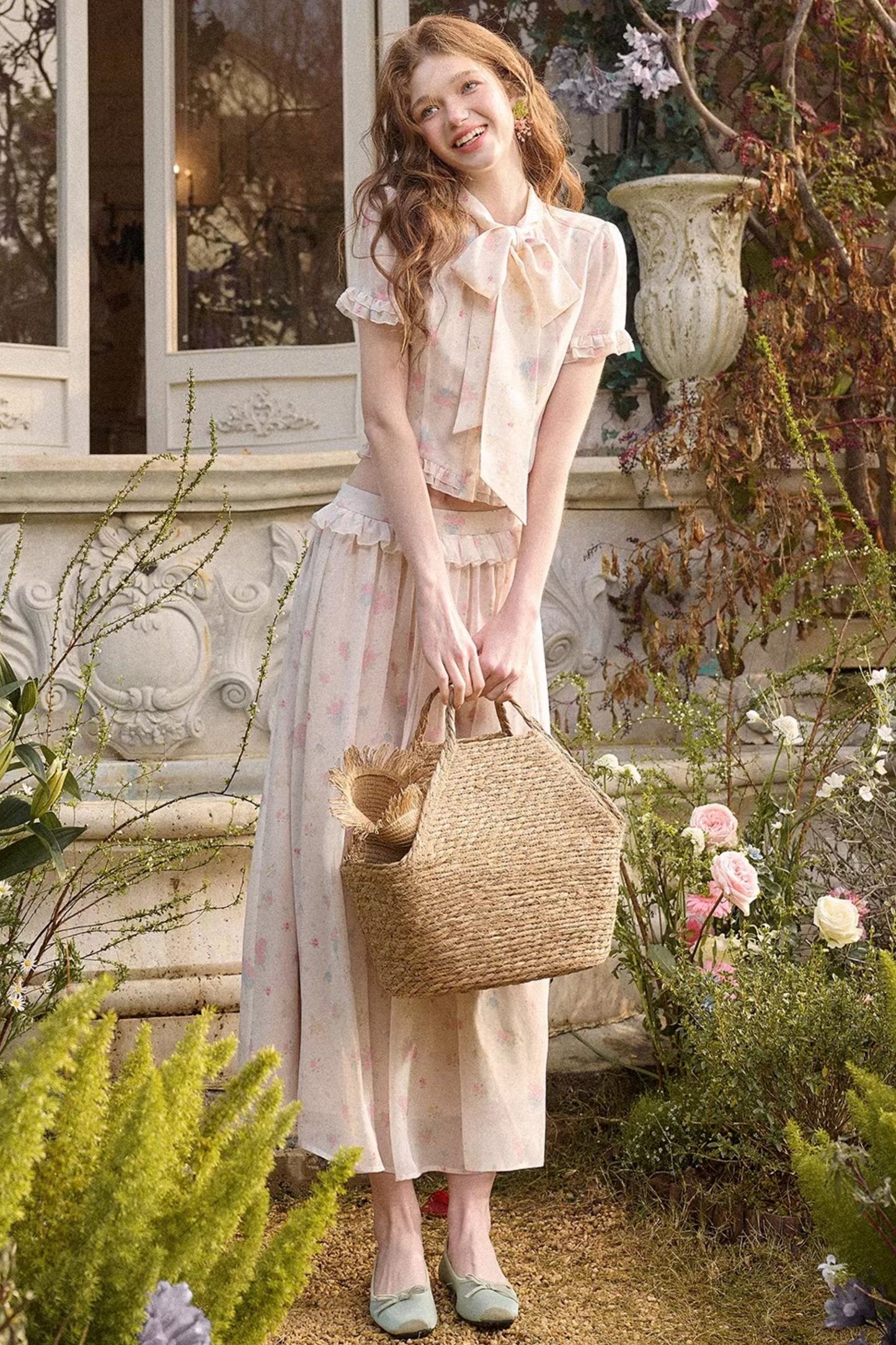 メディテラニアンプリントシフォントップス+スカート