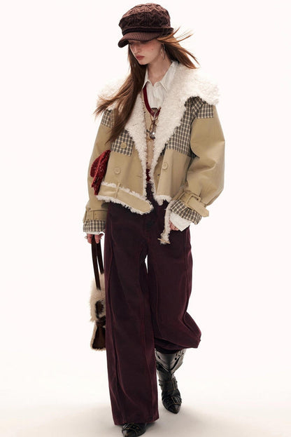 プラッドパッチワークファーカラージャケット