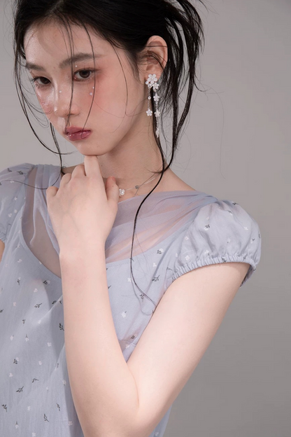 ミストブルーシアードレープネックカラーフローラルロマンティックドレス