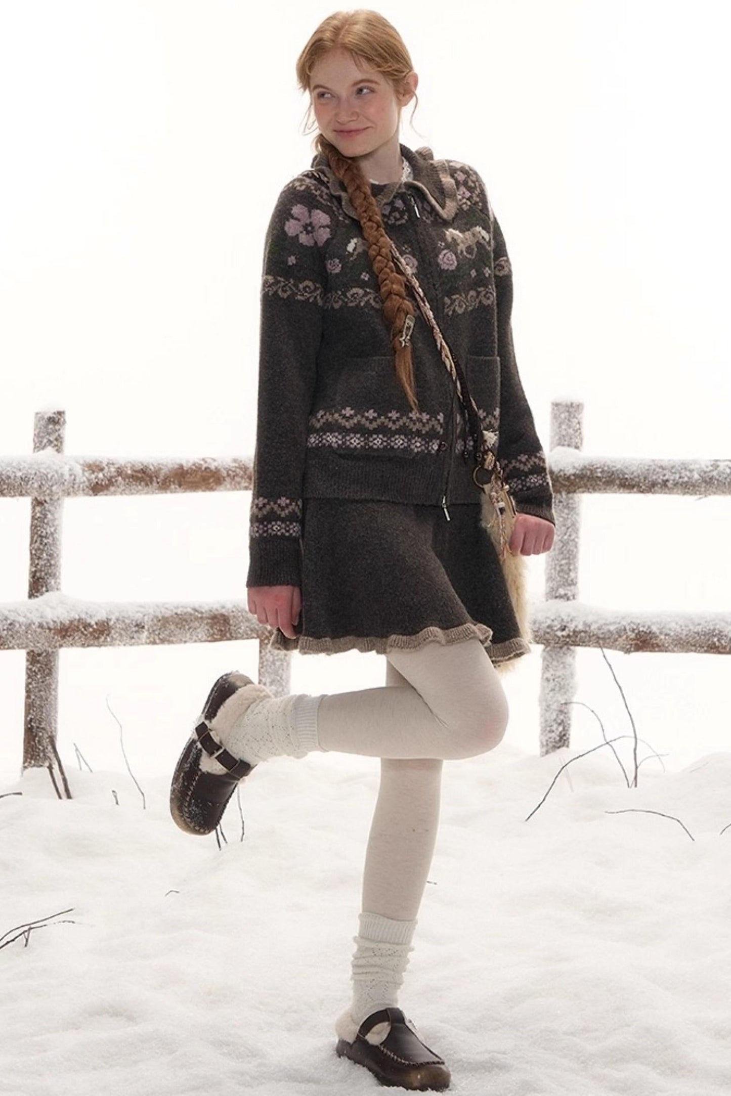 ポニーデザインジップニットトップス+ニットスカート