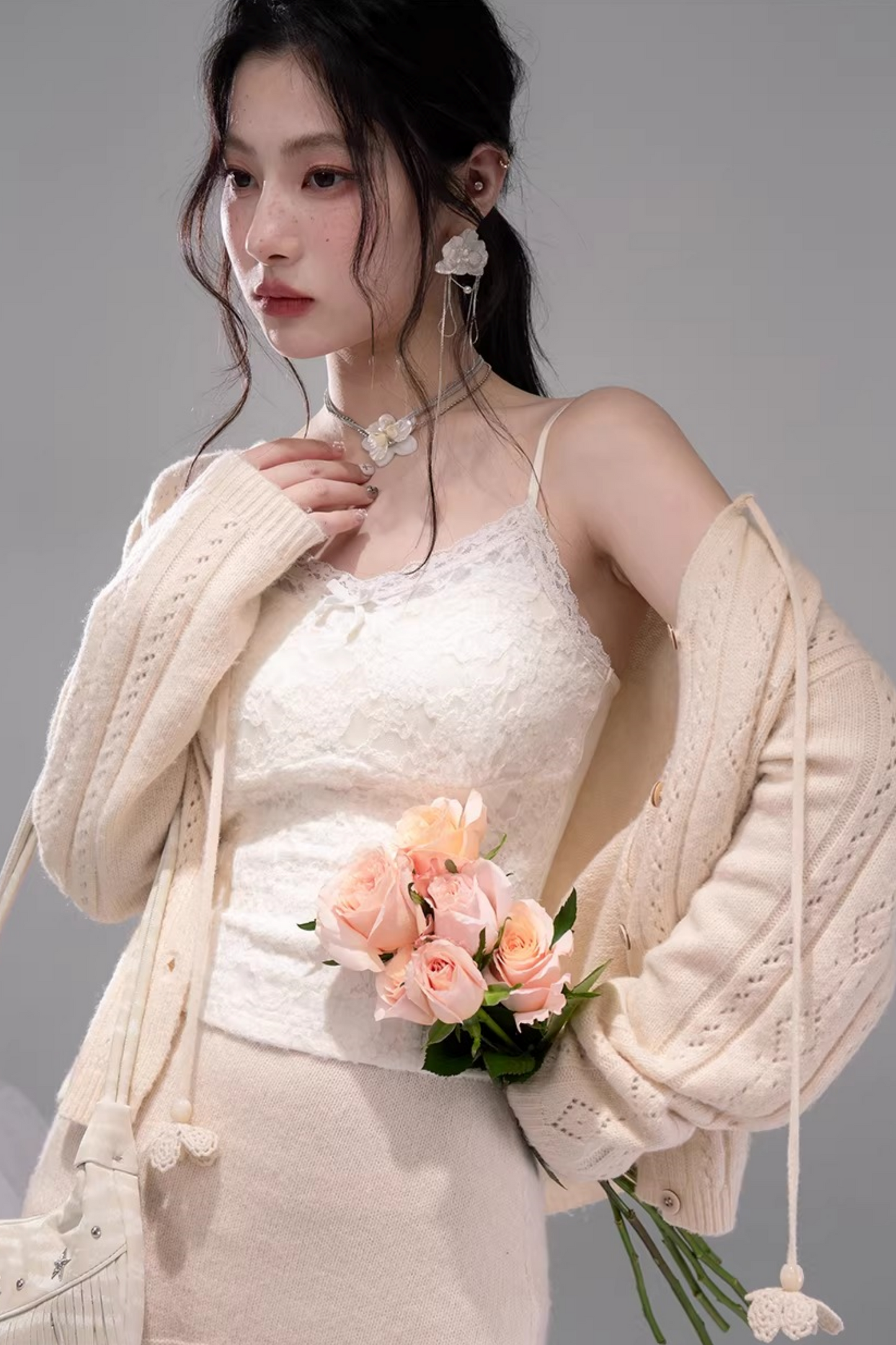 クロシェカーディガン+スカート