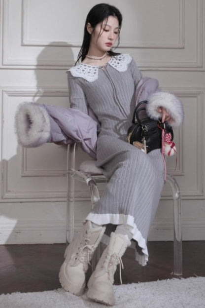 スーチュアンミストグレイフリルロングドレス