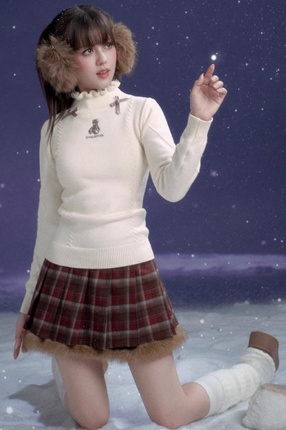 Check Fur Skirt + High Neck Top + Duffle Fur Coat