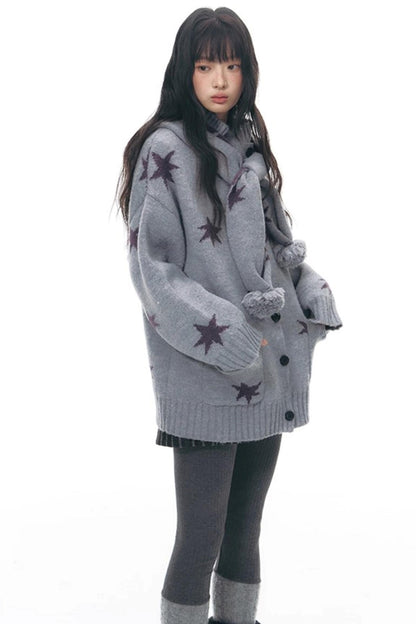 Reversible Star Cardigan + Fur Ball Hooded Scarf