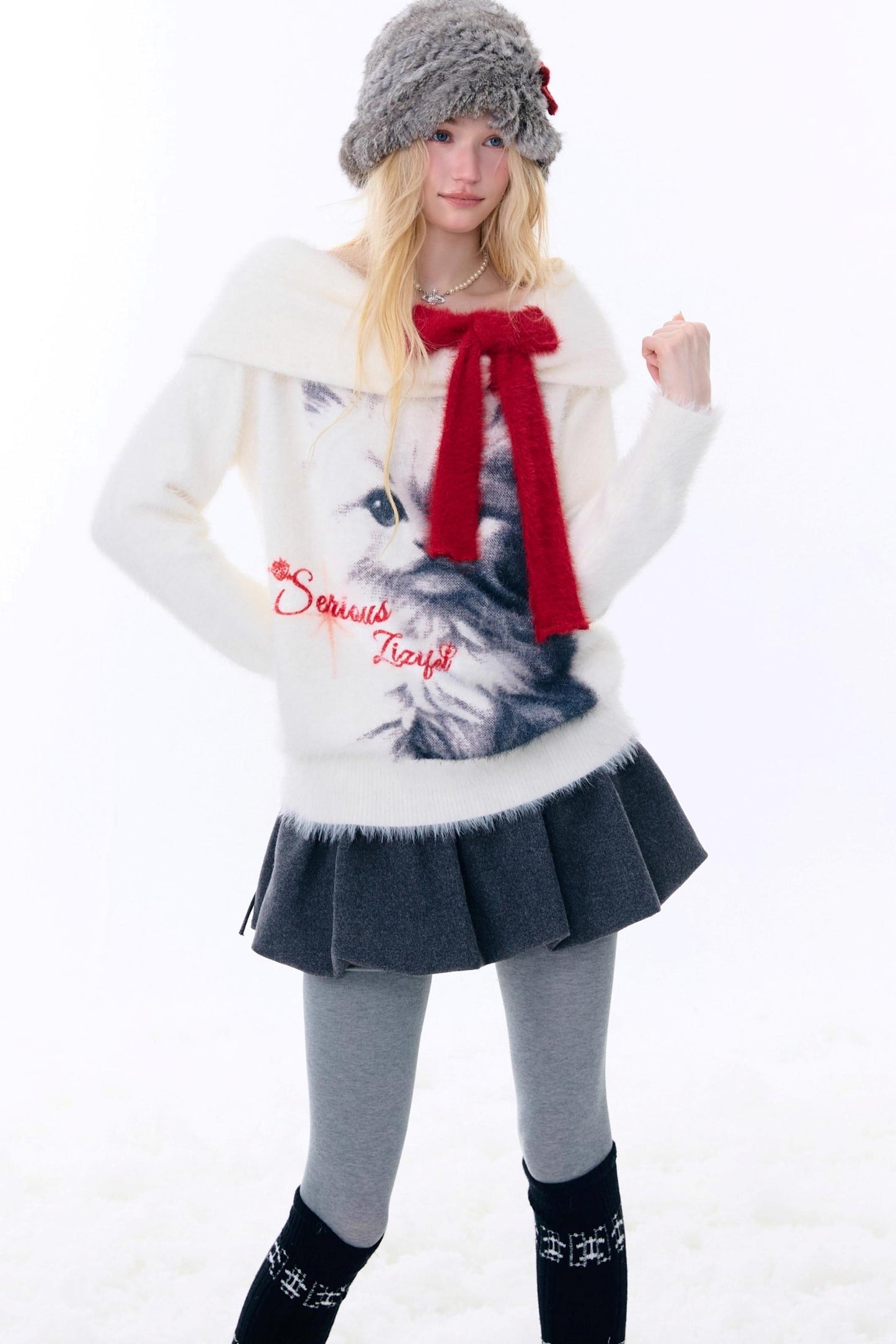 Cat print off-the-shoulder sweater