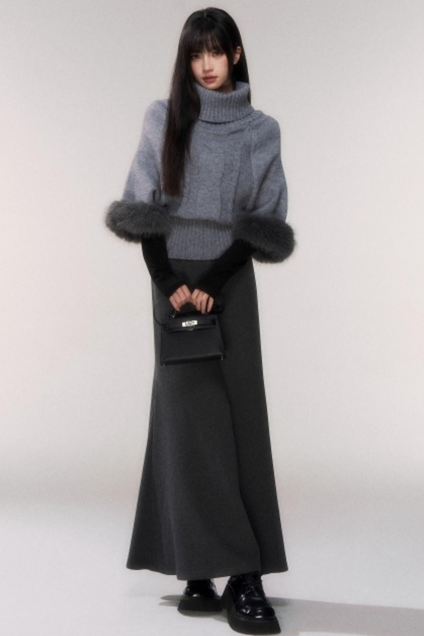 Gray Knit Twist Cape Sweater