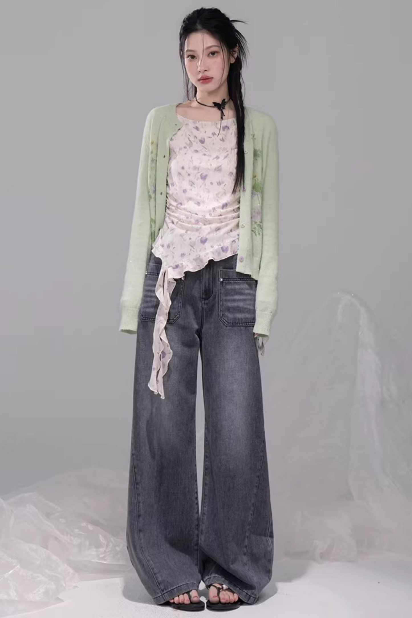 シアーアシメフローラルトップス