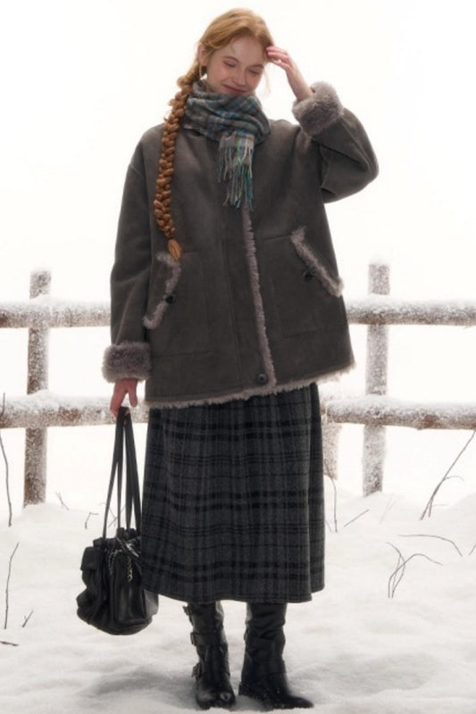 Reversible suede stand collar fur coat