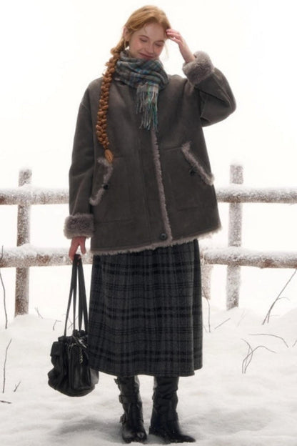 Reversible suede stand collar fur coat