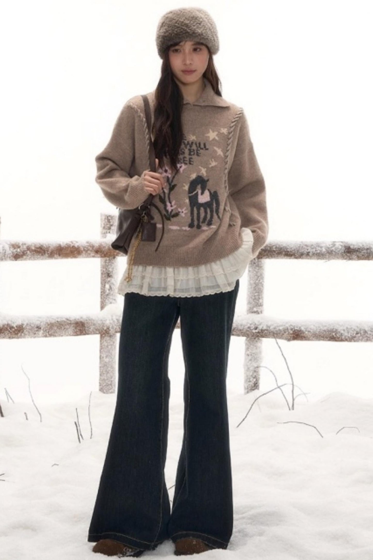 Pony Lapel Collar Knit Top