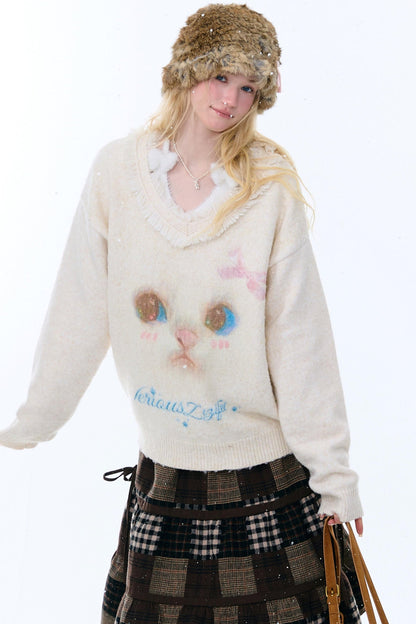 Retro Cat Plush Collar Sweater