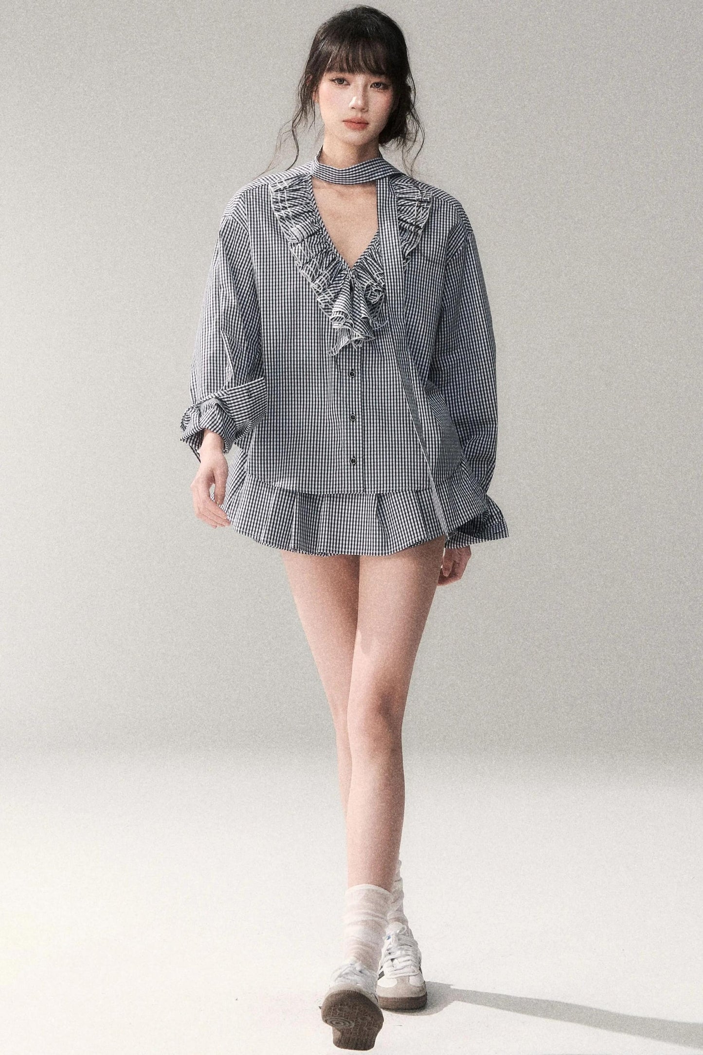Blue Plaid Lace Blouse + Skirt
