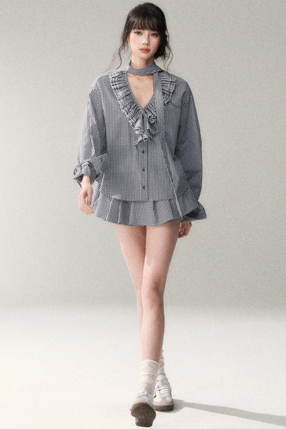 Blue Plaid Lace Blouse + Skirt