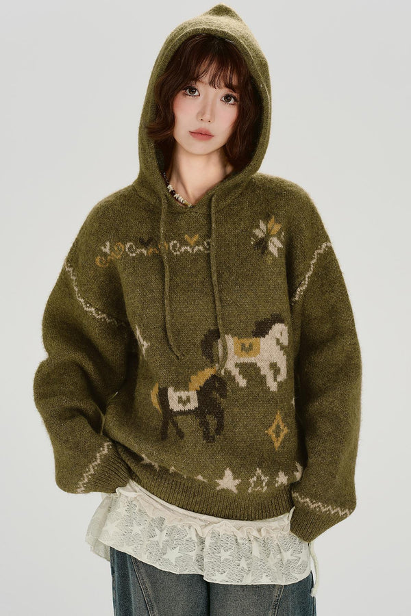 Retro Jacquard Hoodie Top