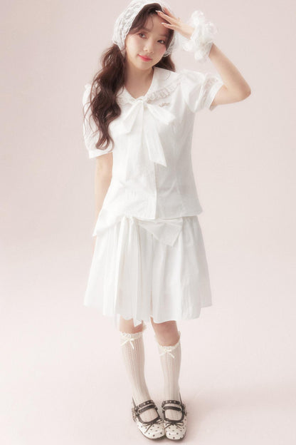 海盐蝴蝶结衬衫+半裙