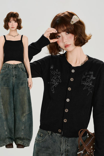 レトロプリンテッドニットカーディガンセットアップ