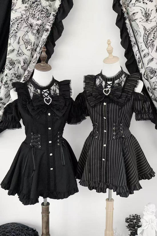 ブラック/ストライプゴシックレースリボンドレスセットアップ
