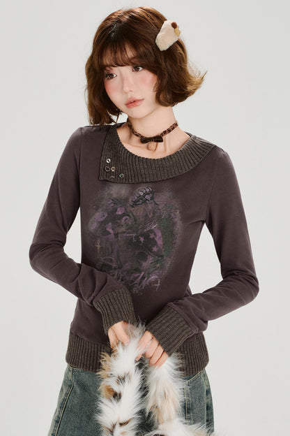 ブラウンレッドニットパッチワークトップ