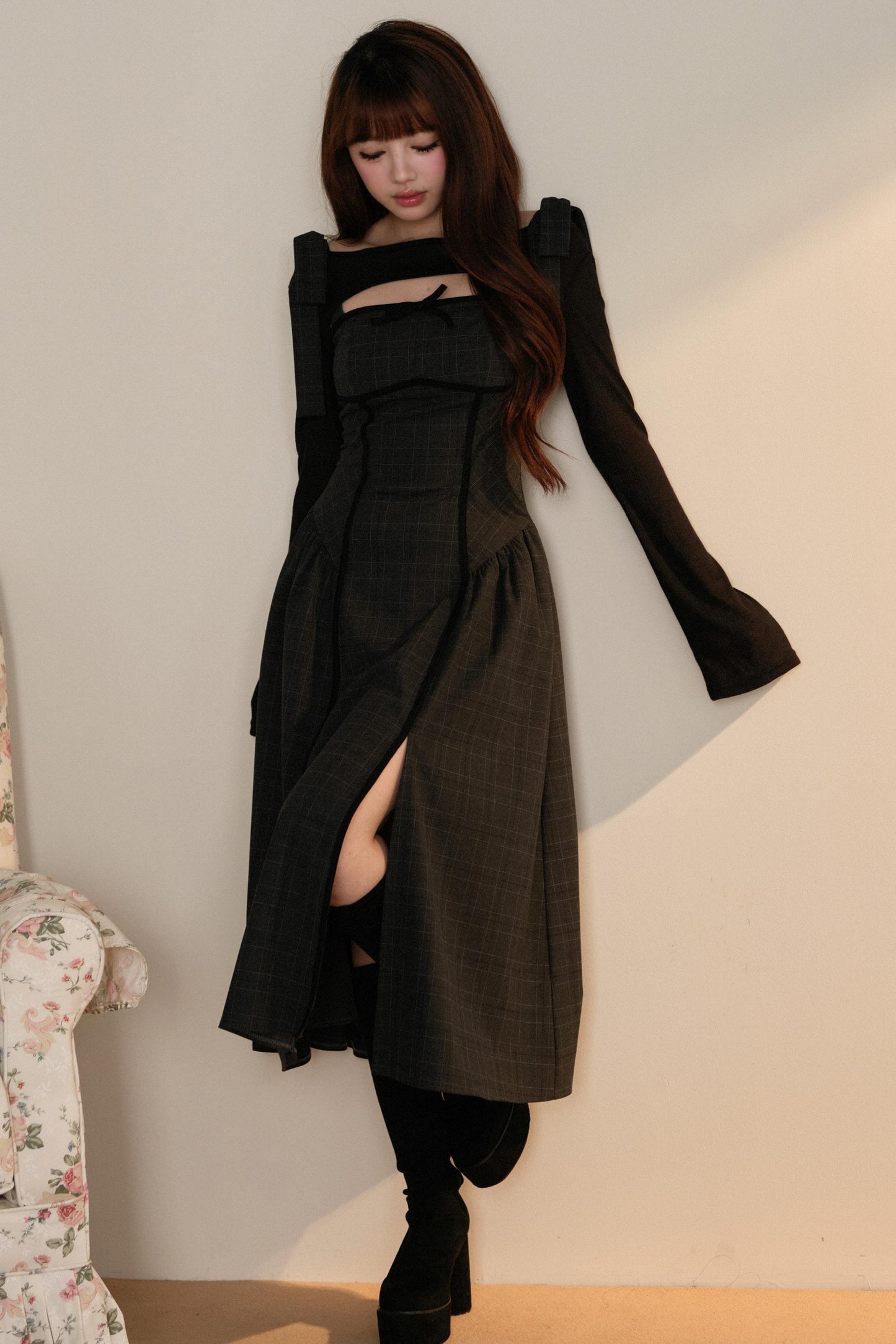 ブラックトップス＋リボンショルダーチェックJSKドレスセットアップ