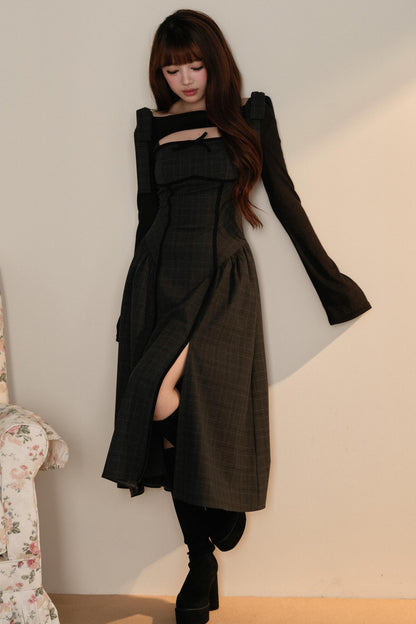 ブラックトップス＋リボンショルダーチェックJSKドレスセットアップ