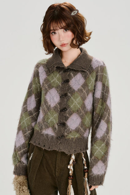 レトロチェックベルベットカーディガン