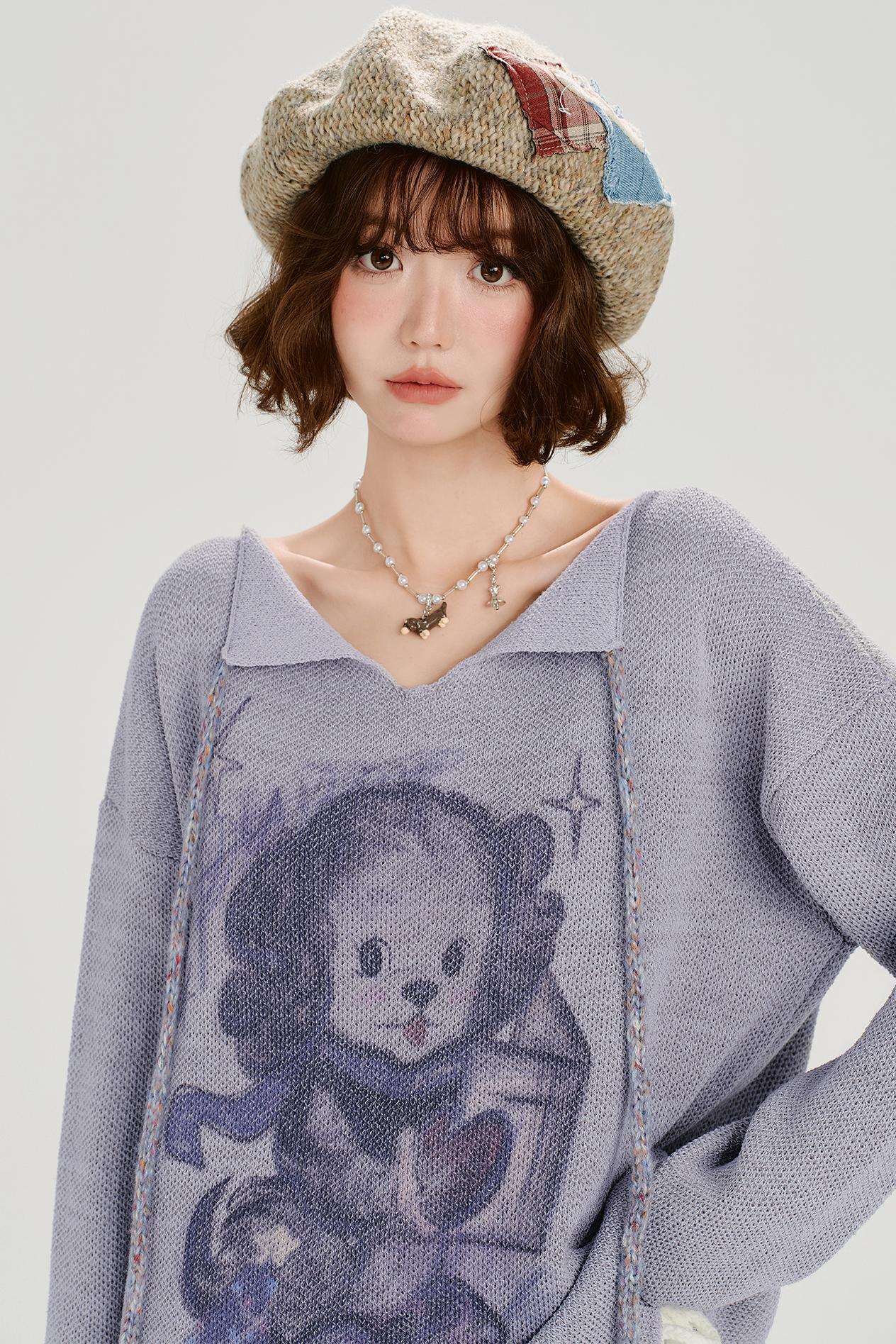 ベアプリンテッドレースアップトップス