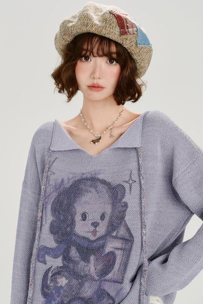 ベアプリンテッドレースアップトップス