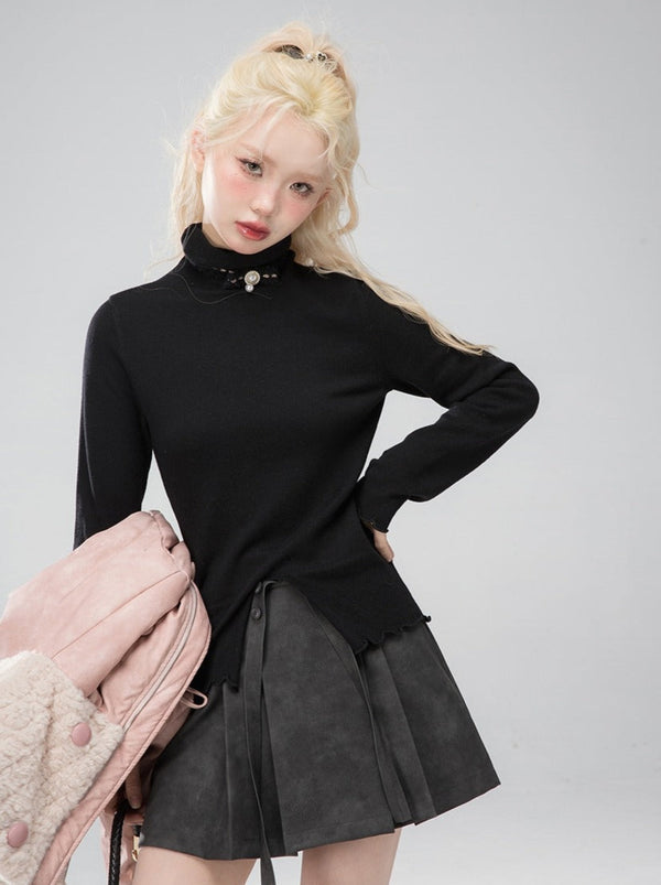 Romantic Ruffle Slim Slit Design Turtleneck Knit Top