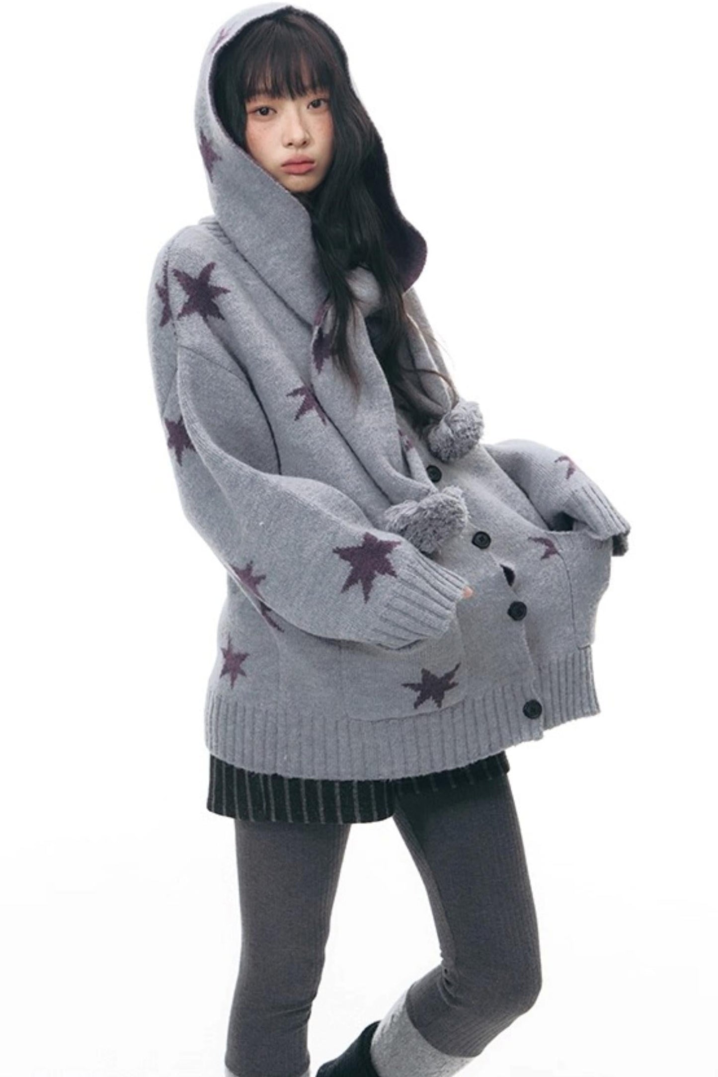 Reversible Star Cardigan + Fur Ball Hooded Scarf