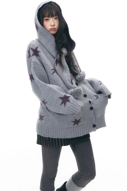 Reversible Star Cardigan + Fur Ball Hooded Scarf