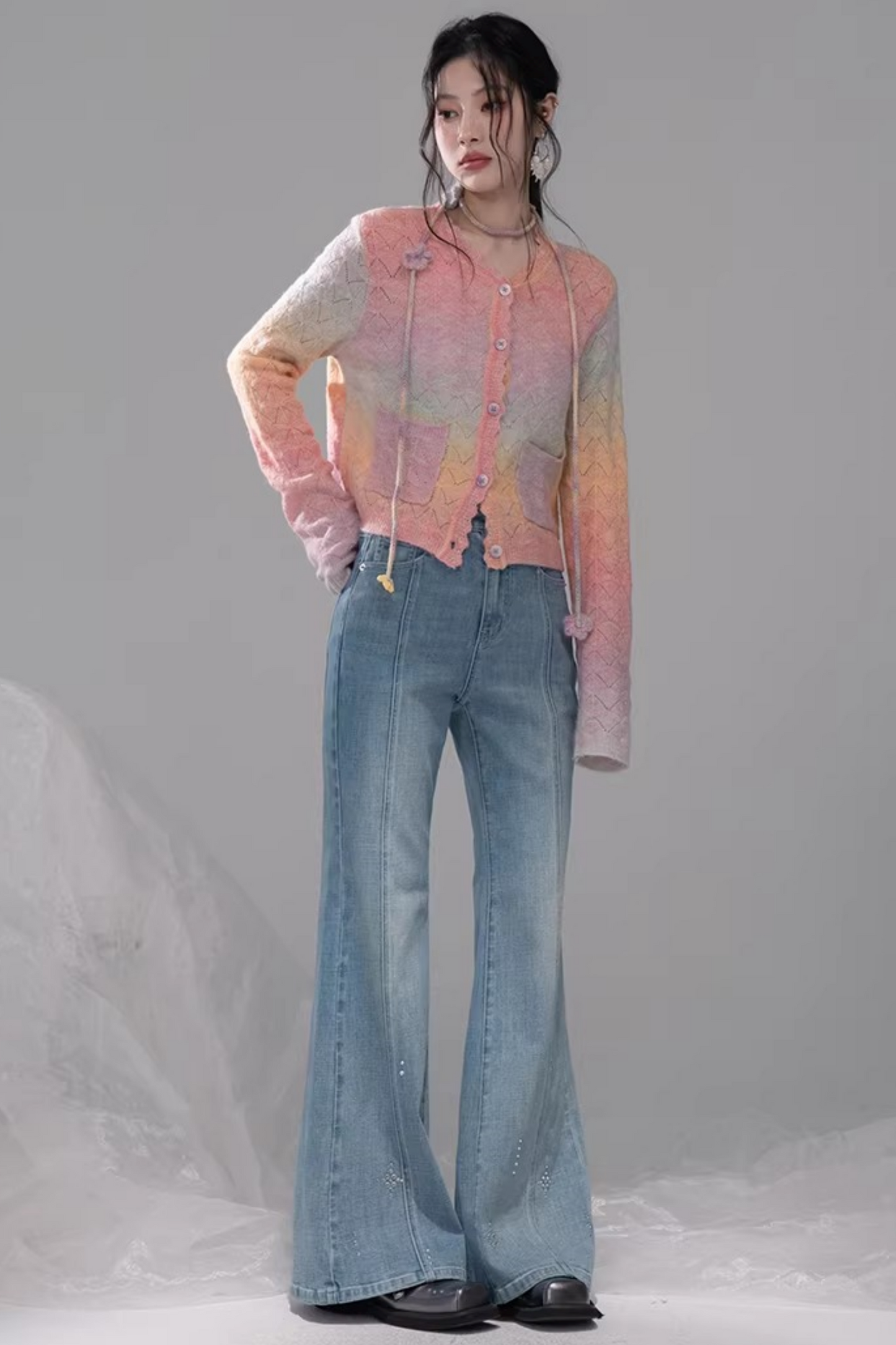 スターレイトブルーラインストーンフレアデニムパンツ