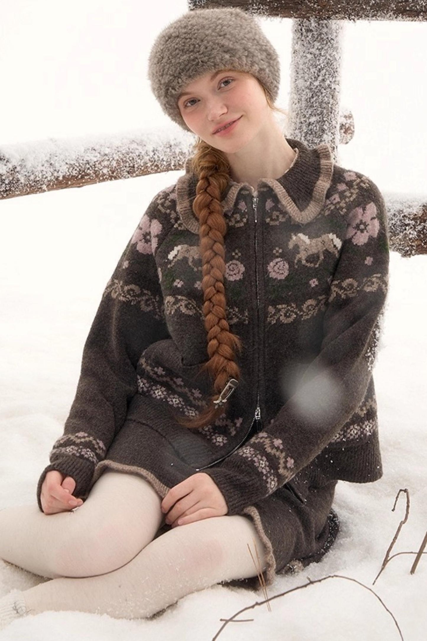 ポニーデザインジップニットトップス+ニットスカート