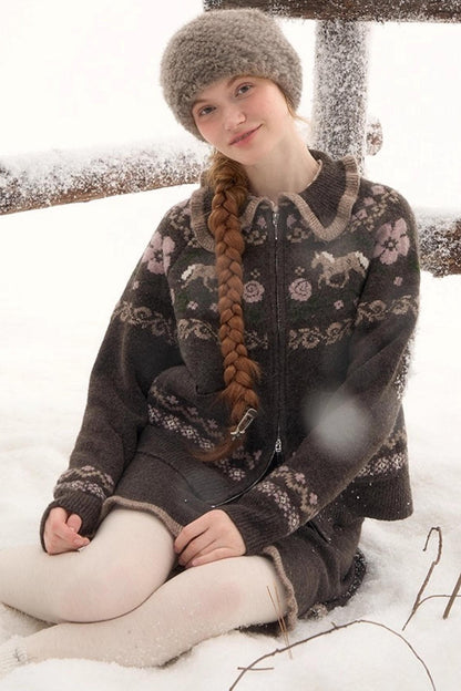 ポニーデザインジップニットトップス+ニットスカート