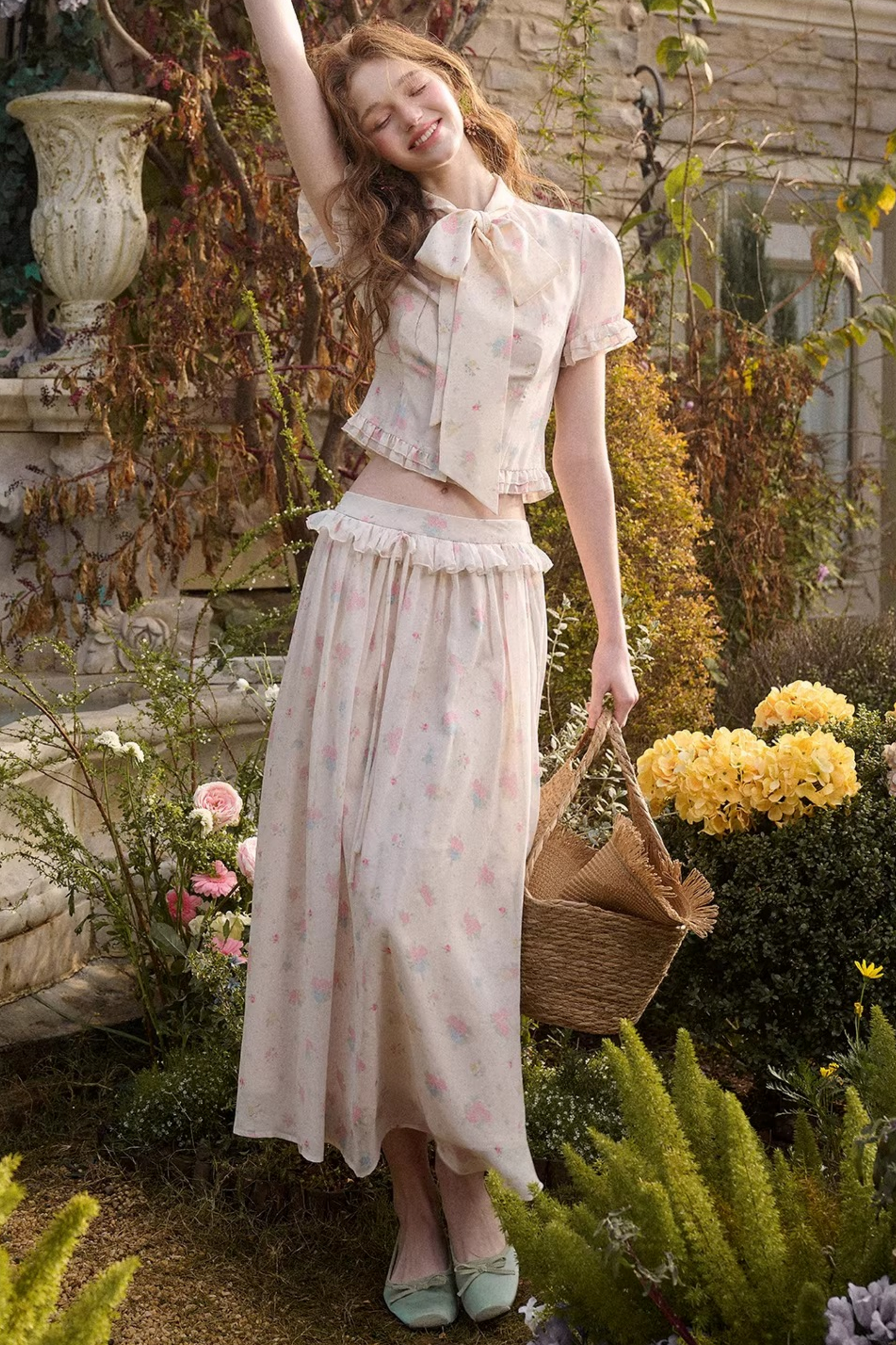 メディテラニアンプリントシフォントップス+スカート