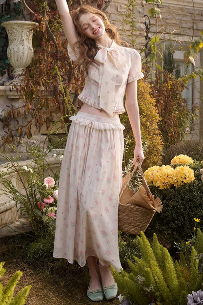 メディテラニアンプリントシフォントップス+スカート