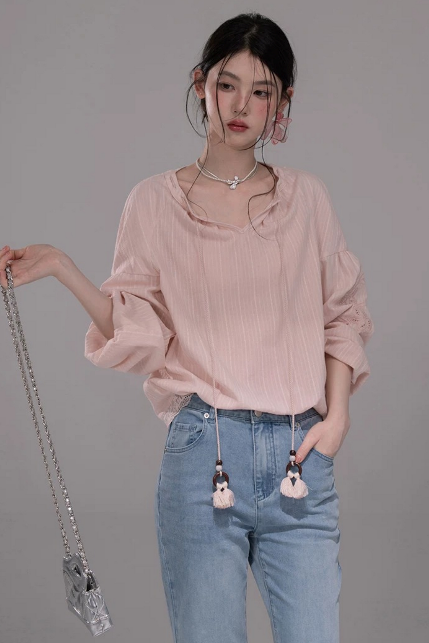 フローラルエンブロイダリーデニムブルーショートパンツ＋フレアロングパンツ