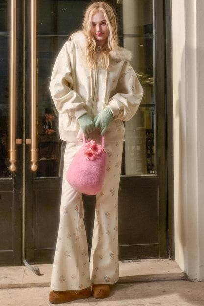 フローラルフラワーファーフードジャケット+ルーズコート+ロングパンツ